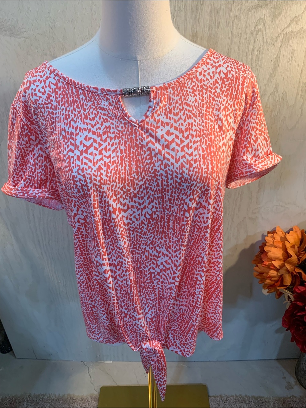 Kim Rogers Coral and White Printed Tie-Front Tunic